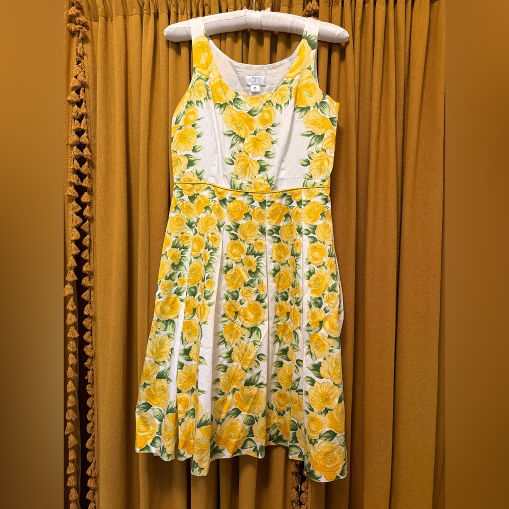 LOFT White Floral Sun Dress with Yellow Roses